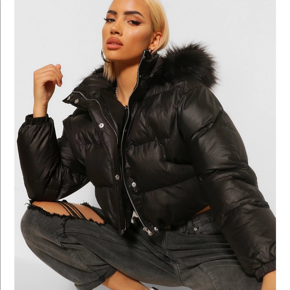 Black Boohoo fur puffer jacket